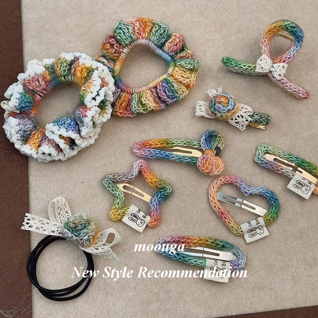 Moouga/สายรุ้งสีขนสัตว์ทอมือ Scrunchy ผม Tie หวาน All-match สาวโบว์ BB ด้านข้างคลิป