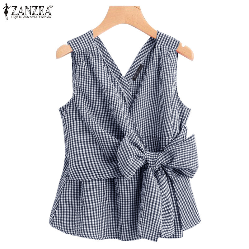 ZANZEA ใส่ ซานเซีย ผู้หญิงเกาหลีลําลองคอวีลายสก๊อตพิมพ์เสื้อกล้ามแขนกุด