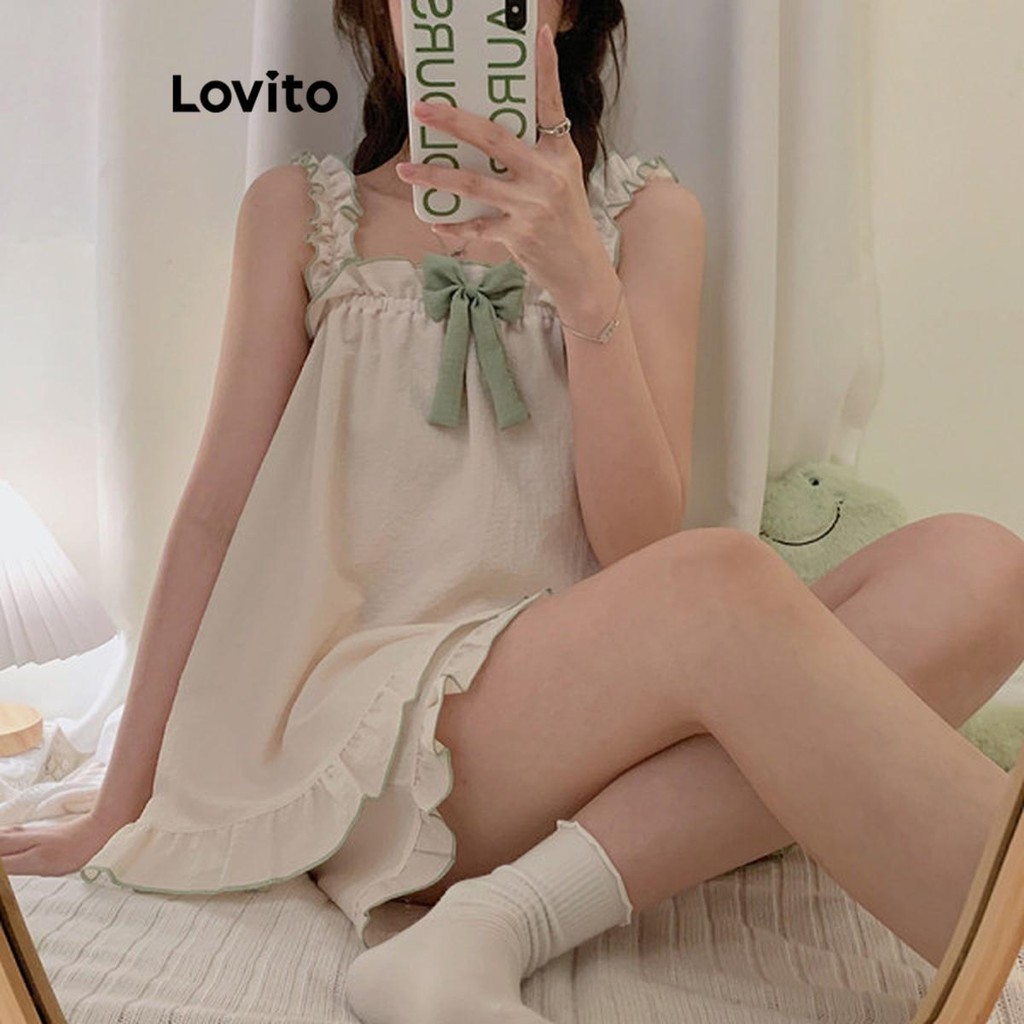Lovito เซ็ทชุดนอนผู้หญิง แต่งโบว์หน้า แต่งขอบสี สีพื้น สไตล์ลำลอง LNE57541