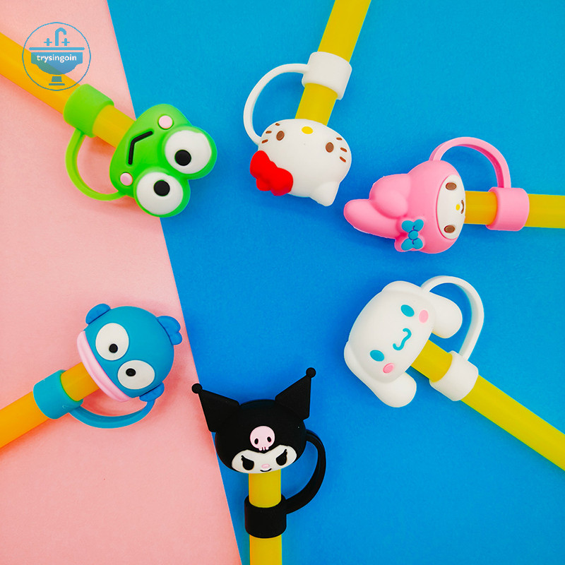 SANRIO [trysingoin] 10 มม.Sanrio ฟางแขน Hello Kitty Cinnamoroll น่ารักการ์ตูนซิลิโคนฟางปลั๊กฝุ่น Kuromi Melody เครื่องประดับฟาง Prop TH