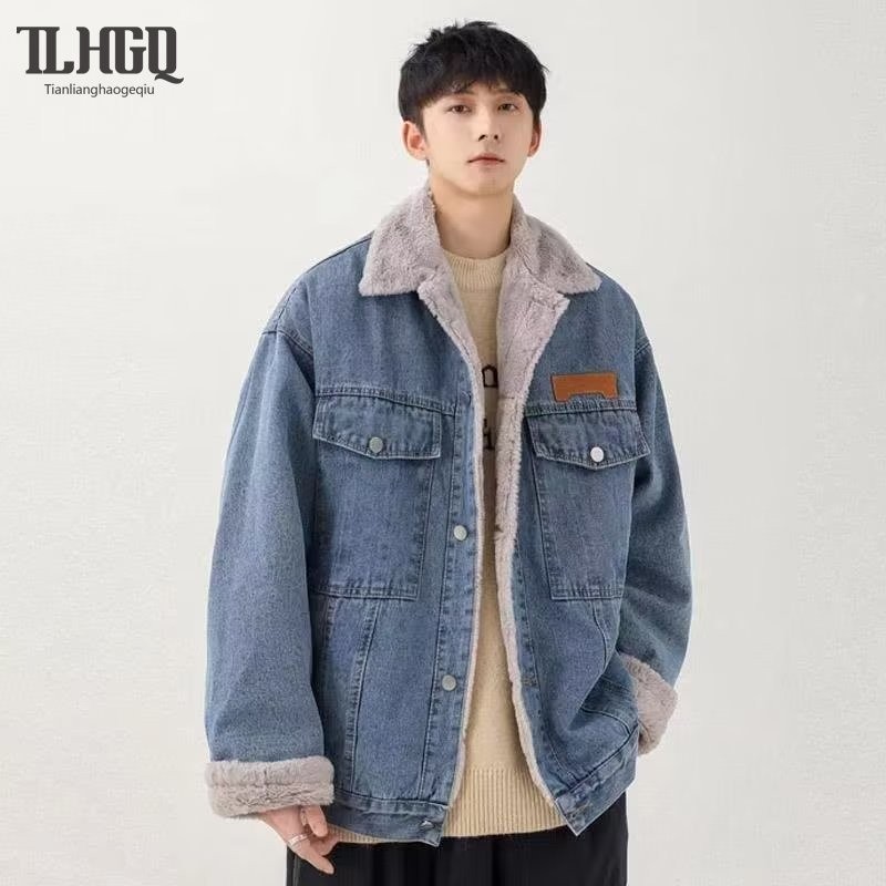 เสื้อแจ็คเก็ตผ้าฝ้ายแบรนด์อินเทรนด์ของผู้ชาย แจ็คเก็ตยีนส์หนาแบบสบาย ๆ และตุ๊กตาคู่