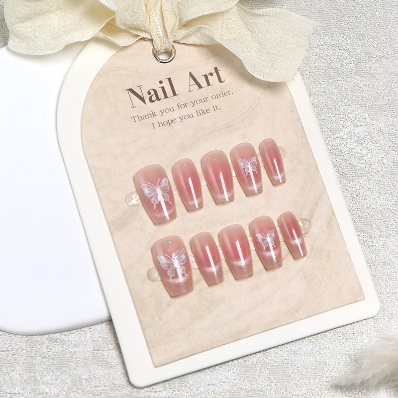 10pcs Cat Eye Handmade กดบนเล็บเล็บปลอมพร้อมสติกเกอร์กาว M-09