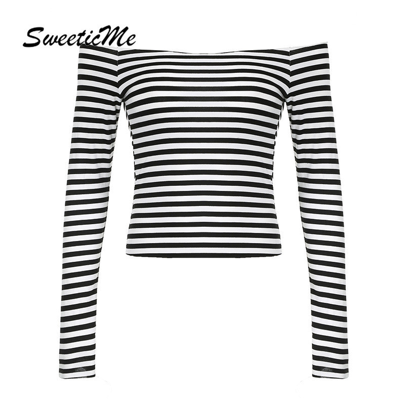 Sweeticme เสื้อสตรี 2024 ใหม่แฟชั่นปิดไหล่แขนยาวลาย Causal Simple เสื้อยืด