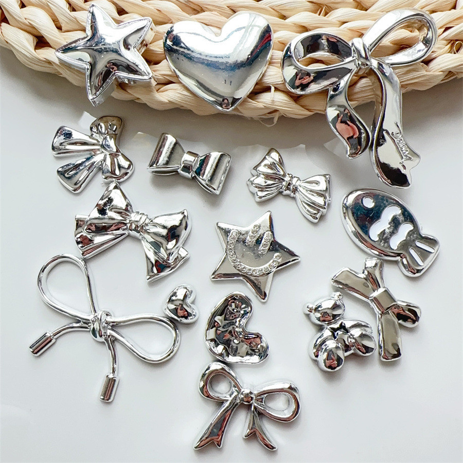 10ชิ้น/เซ็ตชุบเงินโบว์ผูกห้าชี้ดาวรักเรซิ่นสําหรับครีมเจลกรณีโทรศัพท์กระเป๋าหลุมรองเท้าวัสดุตกแต่ง