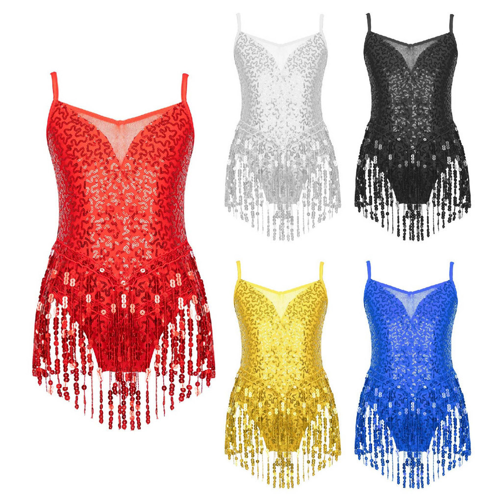 เด็กสาวเงาเลื่อมละตินแจ๊สชุดเต้นรําแขนกุด V คอไลน์ บอดี้สูท Patchwork พู่ Hem Dance Leotard Salsa Dancewear