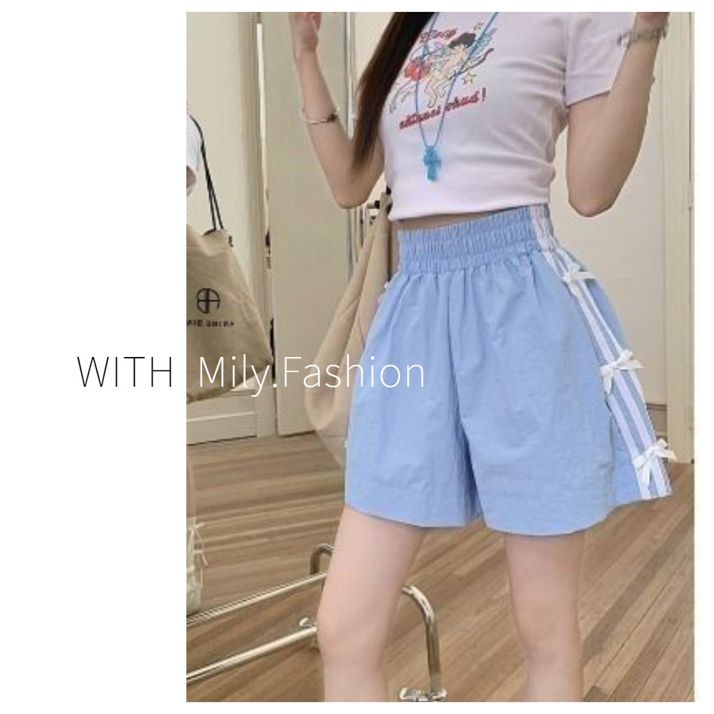 Milyfashion สไตล์ใหม่อเมริกันย้อนยุคสีคมชัดสามบาร์กางเกงขาสั้นลําลองผู้หญิงฤดูร้อนเอวสูงSlimmerดูตรงกางเกงขากว้างอินเทรนด์