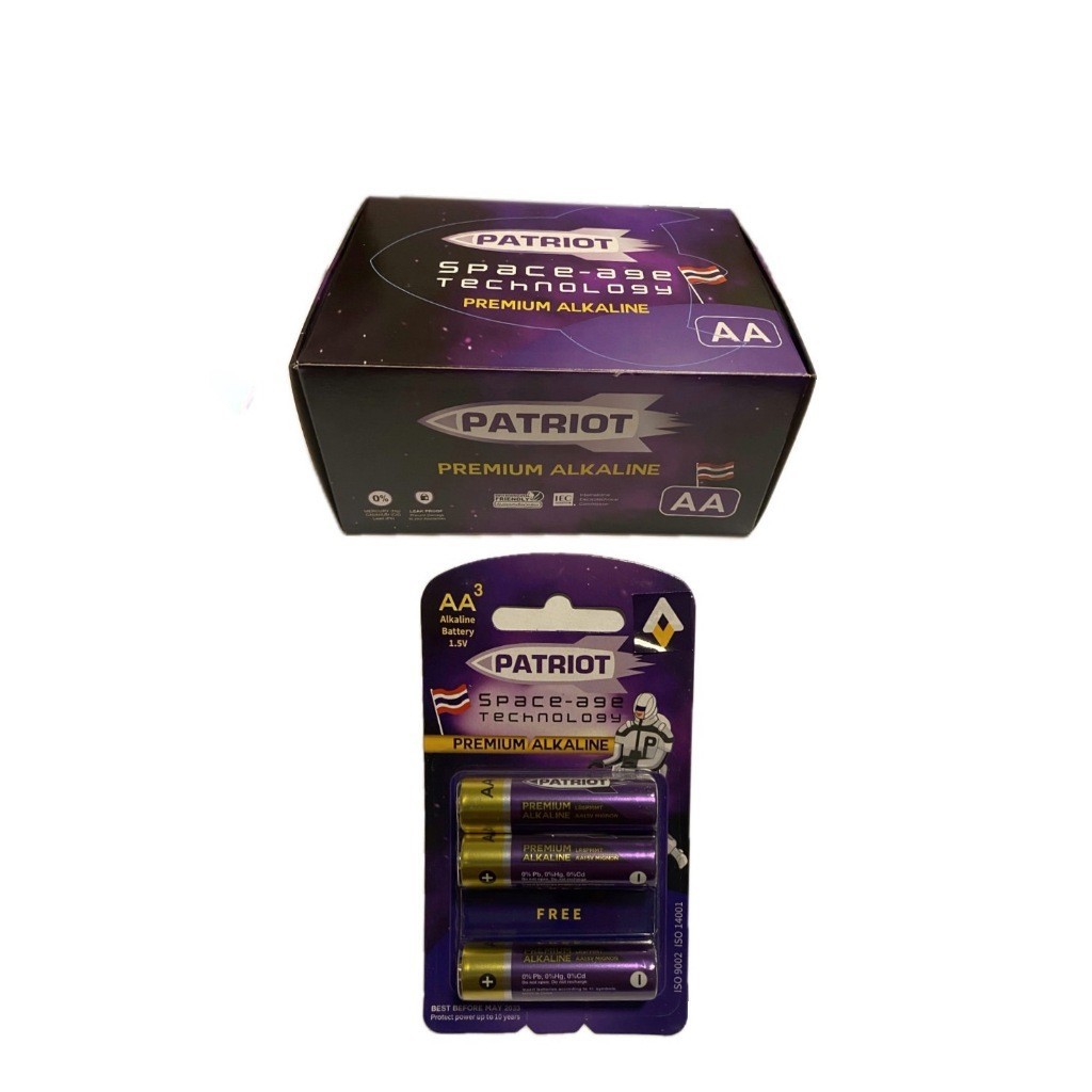 ถ่านชาร์จ ถ่าน AA Patriot Premium Alkaline 1.5V บรรจุ 1 กล่อง(36 ก้อน) 12 แพ็ก แพ็ก 2+1 ถ่านเจ้าพลัง
