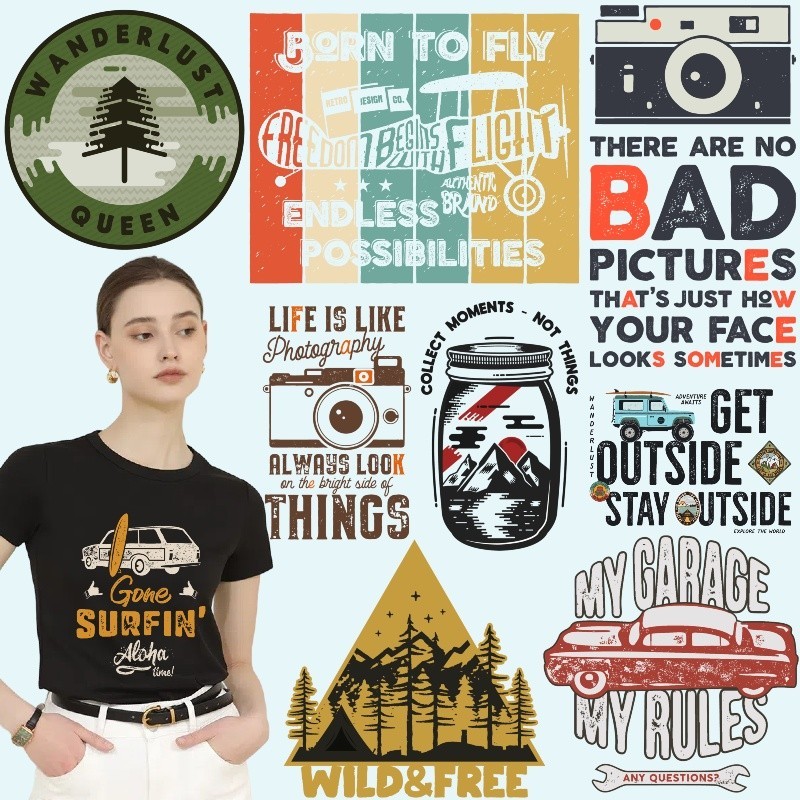 เสื้อยืดย้อนยุคยุโรปพิมพ์สติกเกอร์สติกเกอร์การถ่ายเทความร้อนสติกเกอร์ล้างทําความสะอาดได้แฟชั่นภาษาอังกฤษตกแต่งสติกเกอร์ผ้า