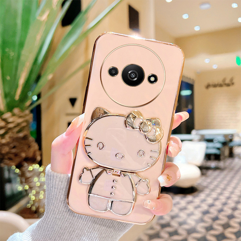ปลอกสําหรับ Redmi A3 Poco C61 4G 13C น่ารัก 3D Kitty Cat Mirror Stand Bracket ซิลิโคน Anti Drop ฝาคร