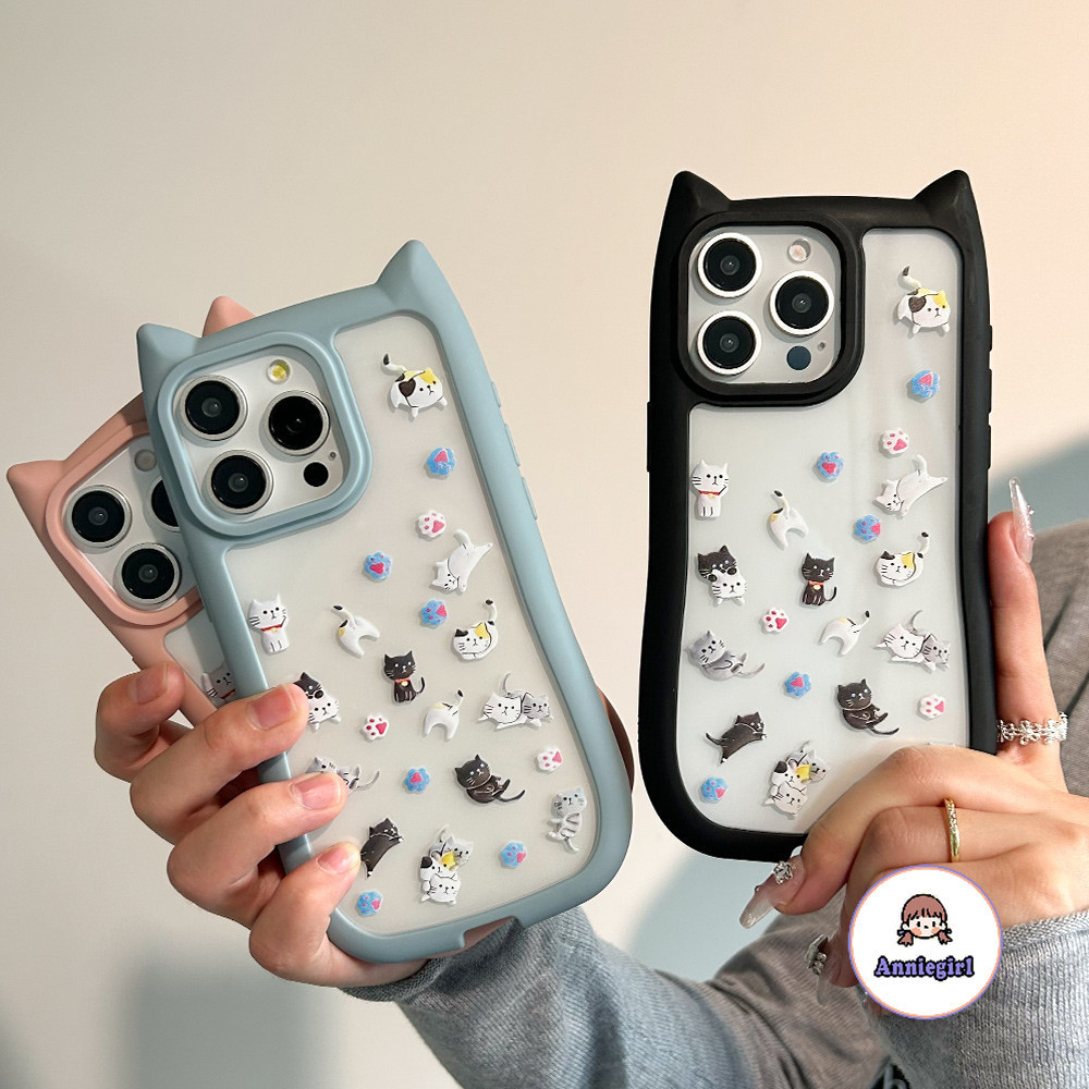 แมวน่ารักโปร่งใสเคสโทรศัพท์สําหรับ IPhone 11 14 15 Pro Max 12 13 Promax 15 PLUS Cat หูกรอบกันกระแทก Soft TPU โทรศัพท์ปกหลัง