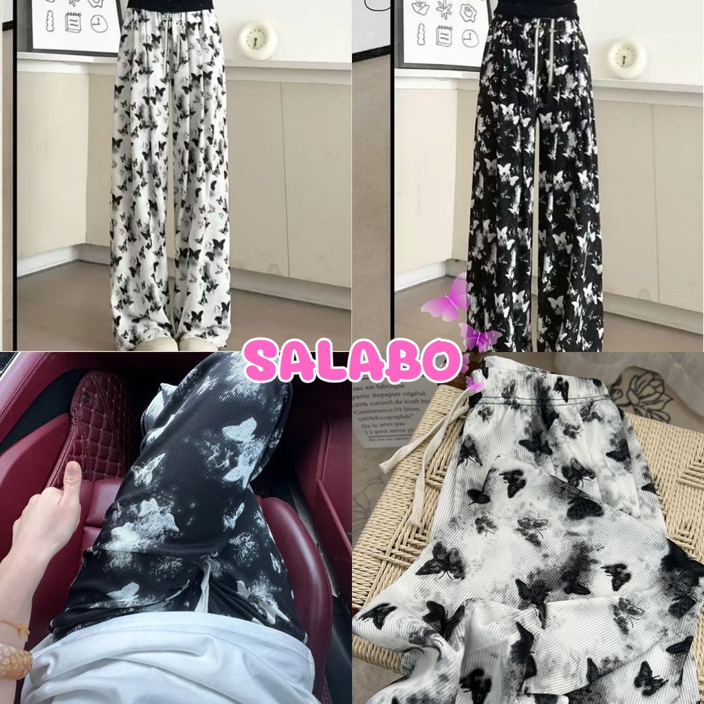 🥑Salabo🥑กางเกงขายาวลายผีเสื้อ ผ้าร่อง ทิ้งตัว ใส่สบายไม่ร้อน มีเชือก #409