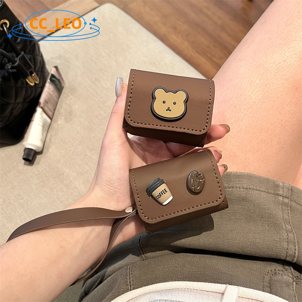 For Marshall MOTIF II ANC Leather Soft Case Protective Cover Cartoon Bear Cute Coffee Lanyard Pendant Marshall MOTIF II ANC Shockproof Shell