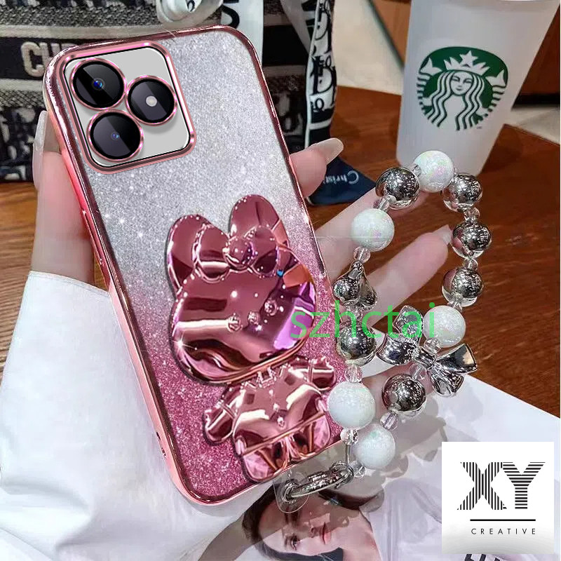 เคสโทรศัพท์ Realme C67 C61 C63 Note 50 12 C65 C55 C53 C51 C12 C15 C25 C25S C21Y C25Y C30 C30S C35 C11 2021 8 5 5i 5S 6i 7i C17 9 PRO PLUS 10 11 12 PRO+ 4G 5G กระต่ายน่ารักวงเล็บกระจกหรูหรานุ่มกันกระแทกฝาหลังพร้อมสร้อยข้อมือเชือกแขวน