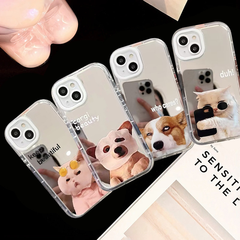 ตลกน่ารักพอกหน้าแมวสุนัขรูปแบบ กระจกแต่งหน้า เคสไอโฟน 13 11 15 14 12 Pro Max 7Plus XS XR X Max 7 8 14 15 Plus SE 2020