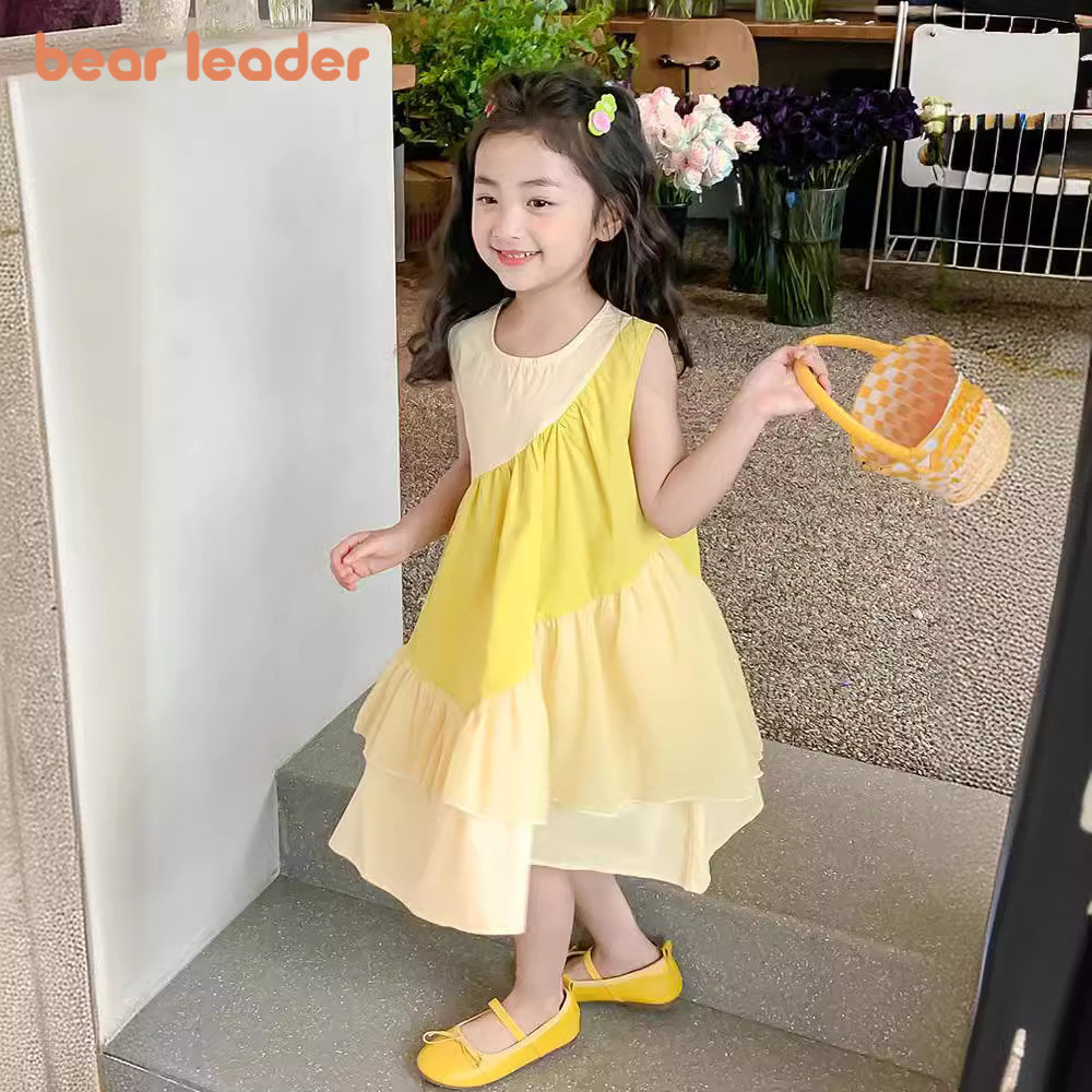 หมีผู้นําสีธรรมดาบล็อกเด็กสาวชุดฤดูร้อนเย็บปะติดปะต่อกันแขนกุดเด็กเสื้อผ้าลําลอง2-7ปีเวอร์ชั่นเกาหลีชุด