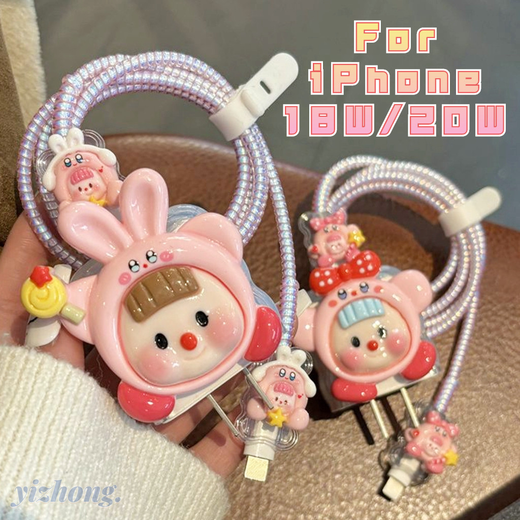 กรณีชาร์จสําหรับ iPhone 18W/20W สีชมพูหวาน Bowknot กระต่าย Kirby สาวชาร์จ Protector ข้อมูลสายเกลียวสายกัดนุ่มสําหรับ Lightening Android Mirco-USB Type-C