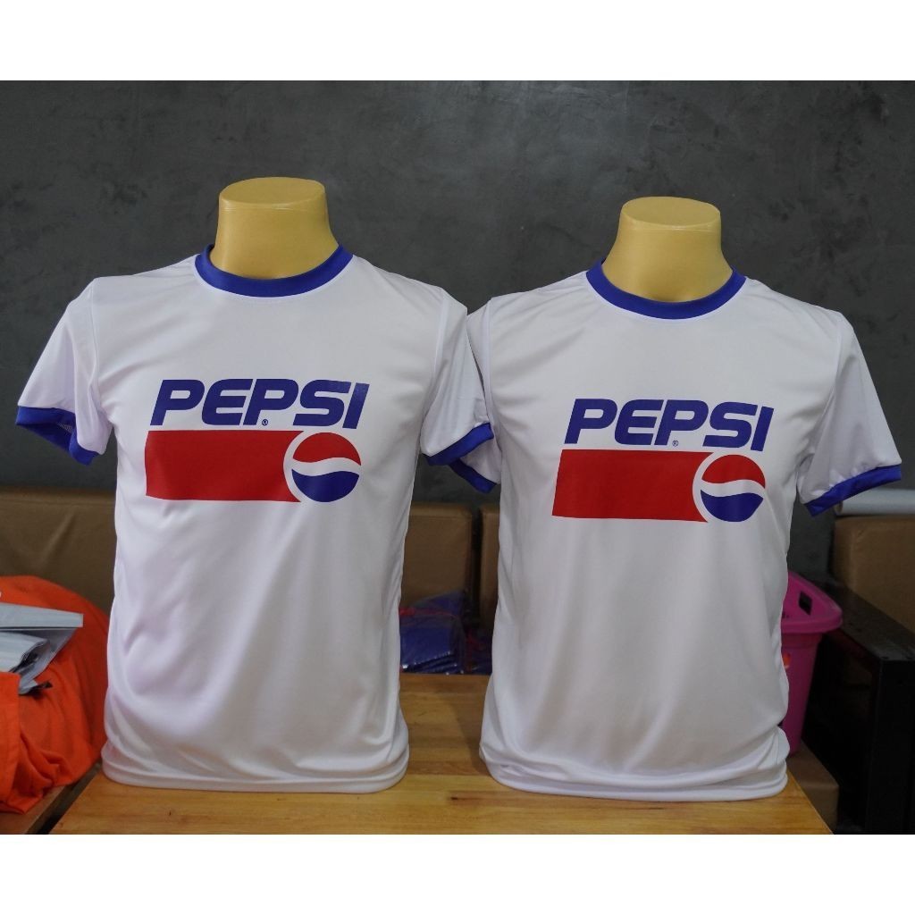 A009 เสื้อยืดคอกลม ขาวคอน้ำเงิน สกรีนลายPEPSI(1) เนื้อิผ้ากีฬา สีสวยสด นุ่ม ลื่น เบา สบาย