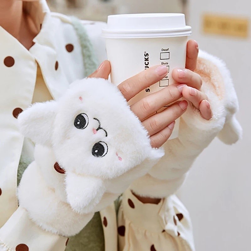 กระต่ายน่ารักขนสัตว์ Mittens Plush fingerless ถุงมือ Flip Half Finger ฤดูหนาว Soft Warm ถุงมือหนาสําหรับผู้หญิงสาว