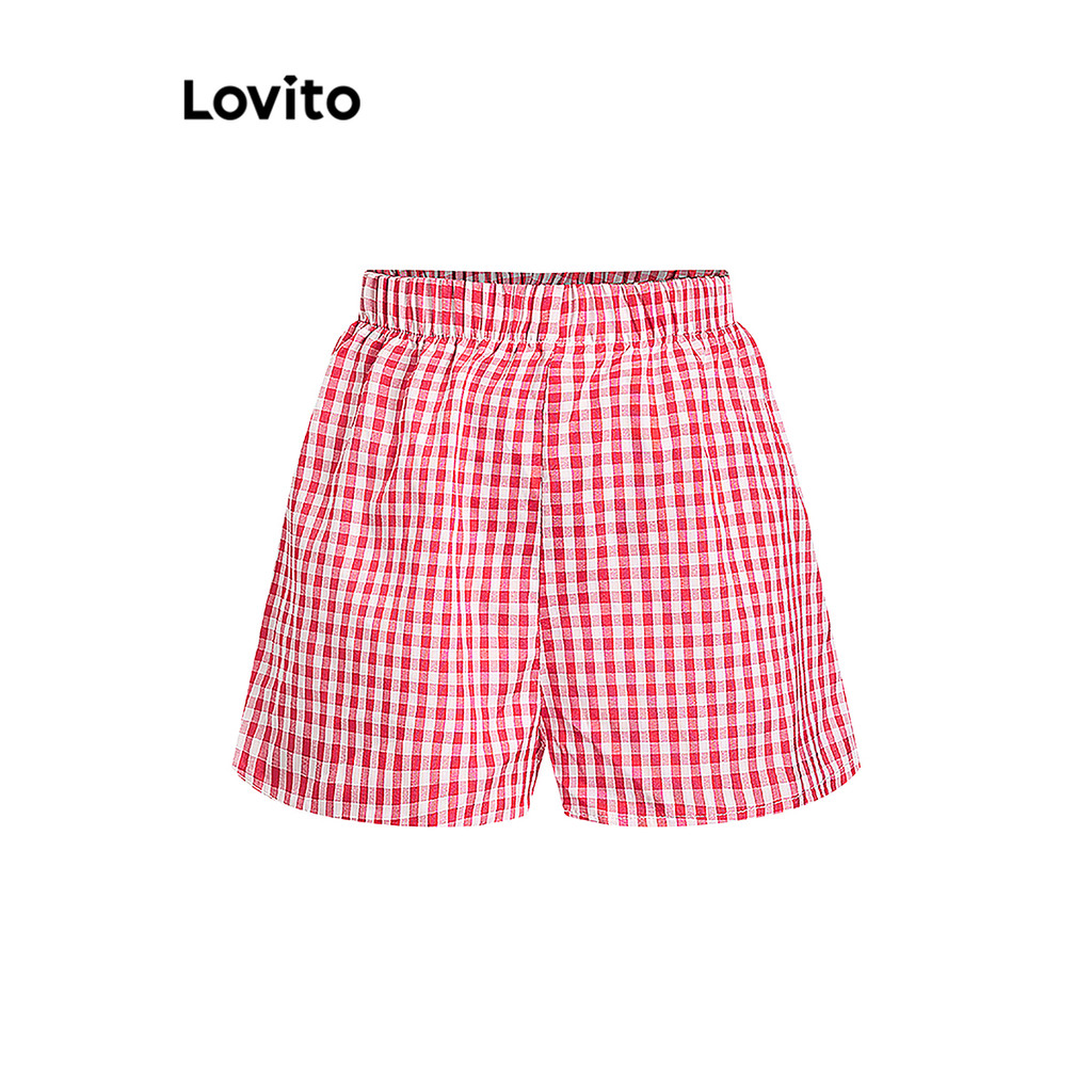 (Trendy) Lovito โบโฮ กางเกงขาสั้นฤดูร้อน/ฤดูใบไม้ผลิพื้นฐานลายสก๊อตสําหรับผู้หญิง LBL15341 ราคา ถูกที่สุด ดีลบีเคเค แกลเลอรีภาพที่ 3