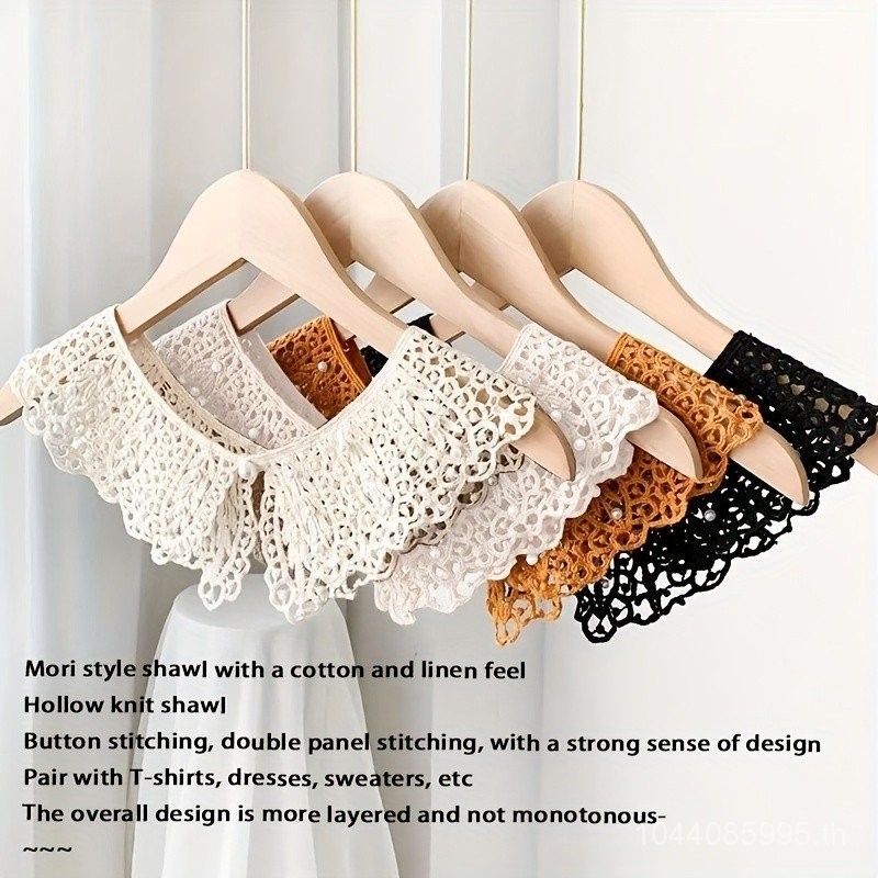 ลูกไม้ที่สง่างามกลวงออกปกปลอมสไตล์มุกเทียมตกแต่งไหล่เท็จคอกระโปรงลำลองจับคู่ขาวดำปลอมปก