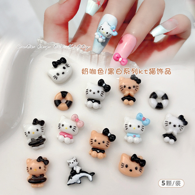 5pcs ใหม่สุทธิสีแดงน่ารัก hellokitty แมว nailooth สีกาแฟสีดําและสีขาว KT เล็บเพชรสวมอุปกรณ์เสริมเกราะ