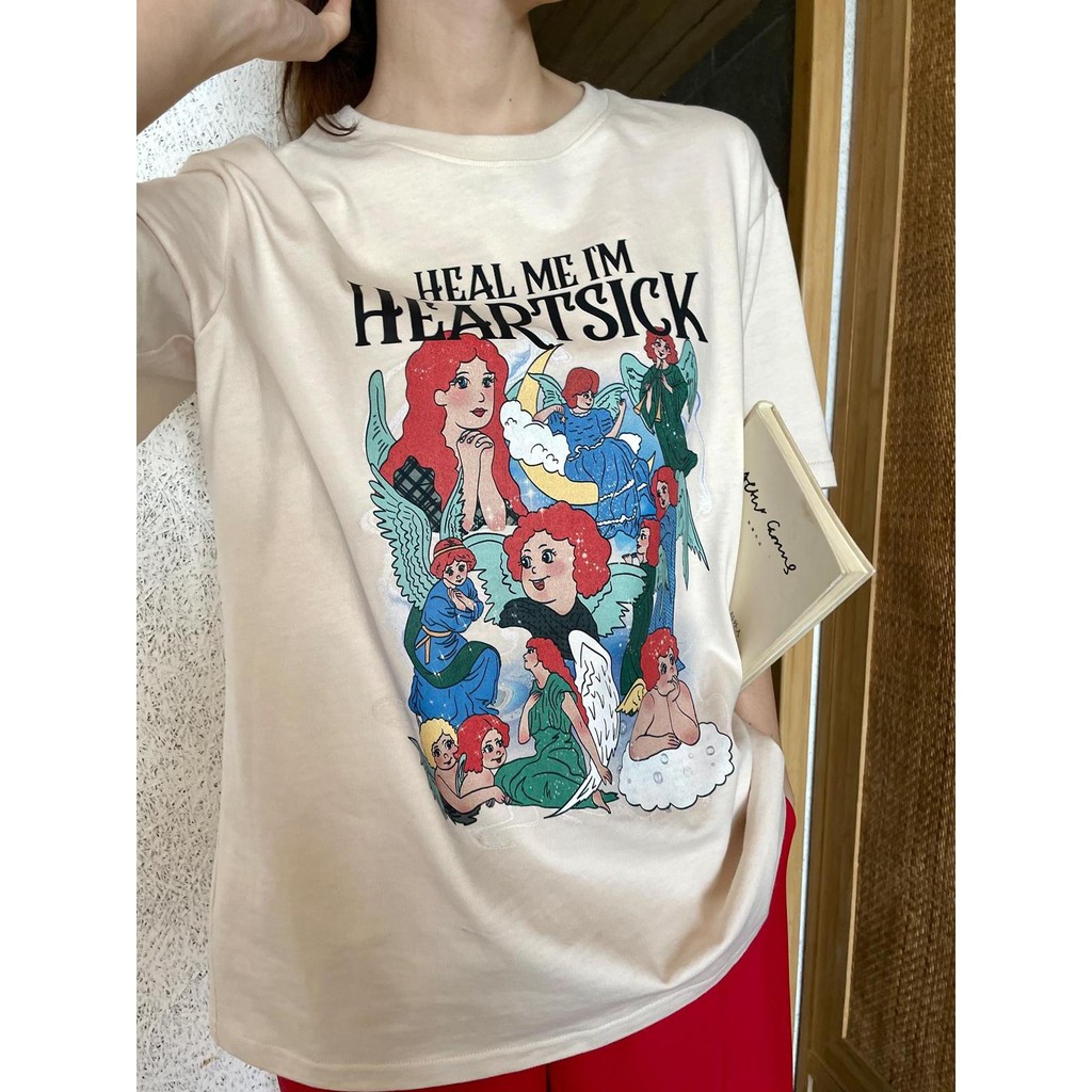 TOP สไตล์เกาหลี เสื้อยืดผู้หญิง"HEARTSICK" เย็น ยับยาก ไม่ต้องรีด จัดส่งจากประเทศไทย