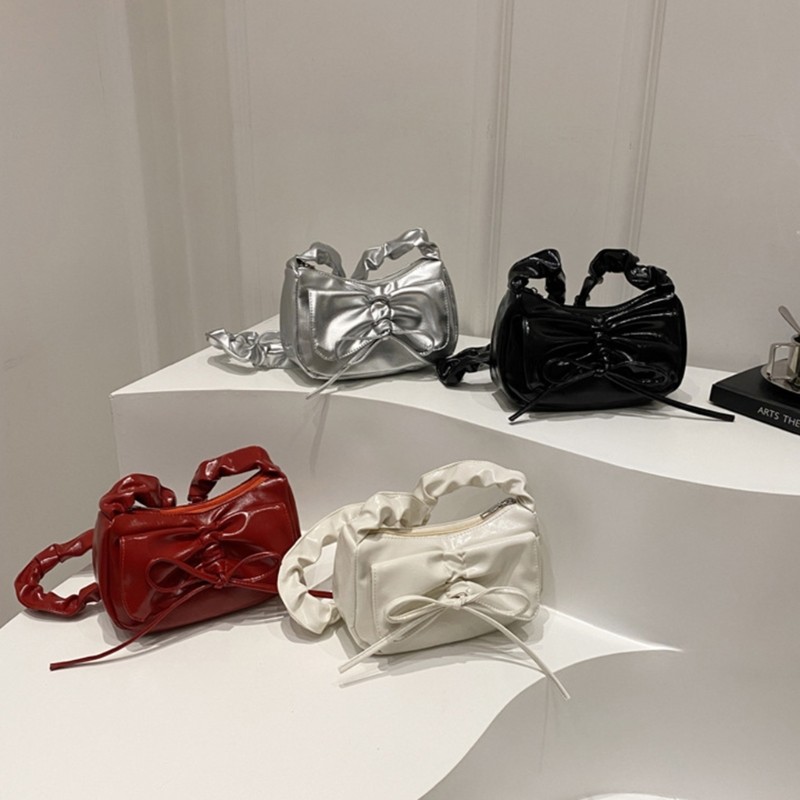 กระเป๋าสะพายดีเทลจีบอินเทรนด์พร้อมโบว์ Casual Crescent Satchel for Ladies