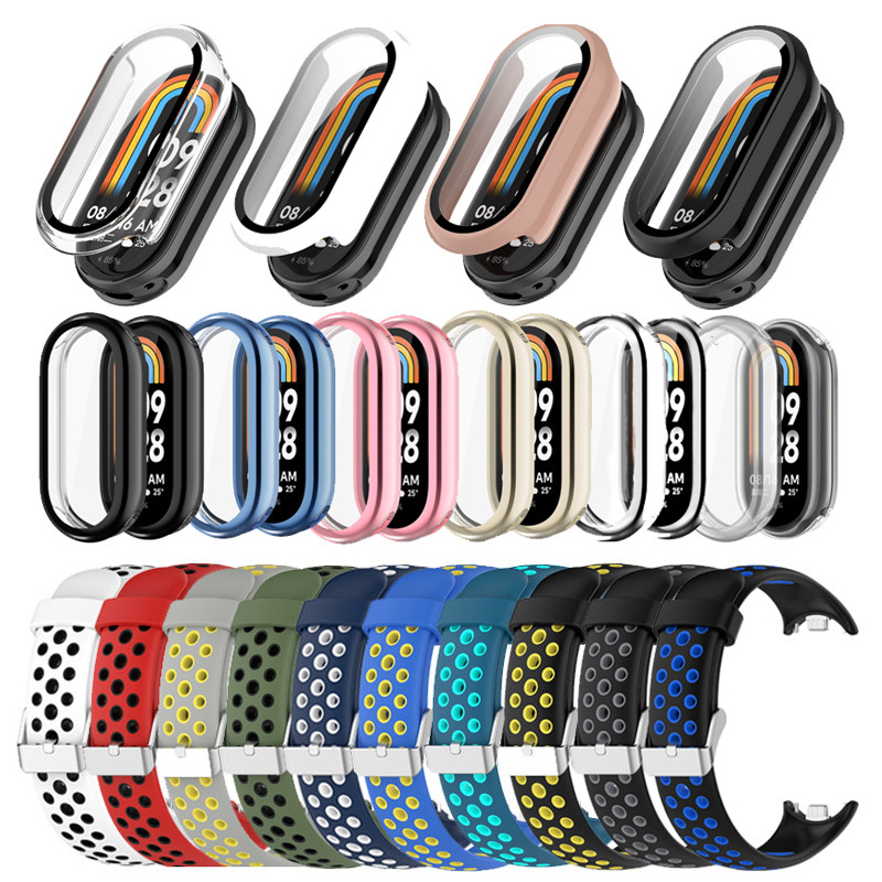 สําหรับ Xiaomi Band 9 สายนาฬิกาซิลิโคนTwo สี Breathable เปลี่ยนสร้อยข้อมือ PC ป้องกันหน้าจอกรอบ TPU นุ่มป้องกันกรณี