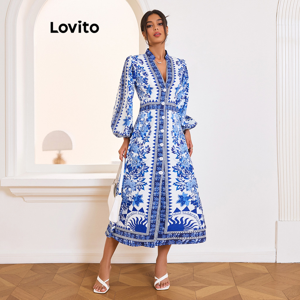 Lovito ชุดเดรสผู้หญิง มีกระดุม พิมพ์ลายดอกไม้ สไตล์ลำลอง LBL14550