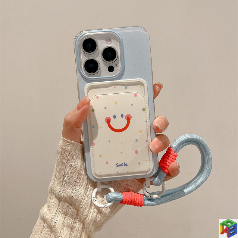 สีสัน polka dot หน้ายิ้มสําหรับ Apple 15Promax เคสโทรศัพท์ iphone14plus 11Promax 12/13Pro Max Xsmax การ์ตูน XR กระเป๋าสตางค์ช่องใส่การ์ด Lanyard ปกอ่อน