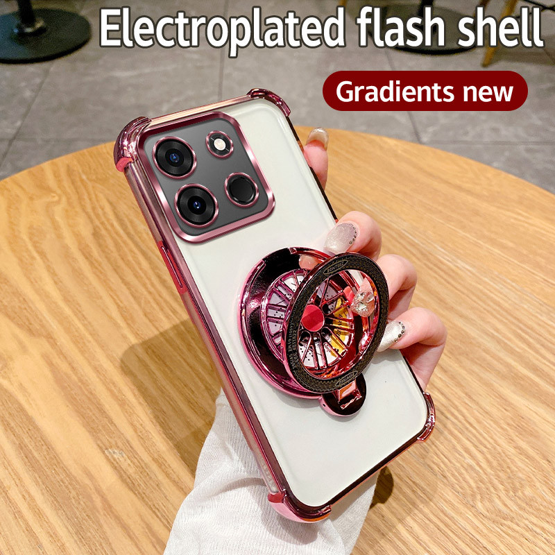 สําหรับ Tecno Pop 7 X6515 กรณีกันกระแทก Electroplated TPU หมุน Gyro Stand ฝาหลังเคสโทรศัพท์สําหรับ T