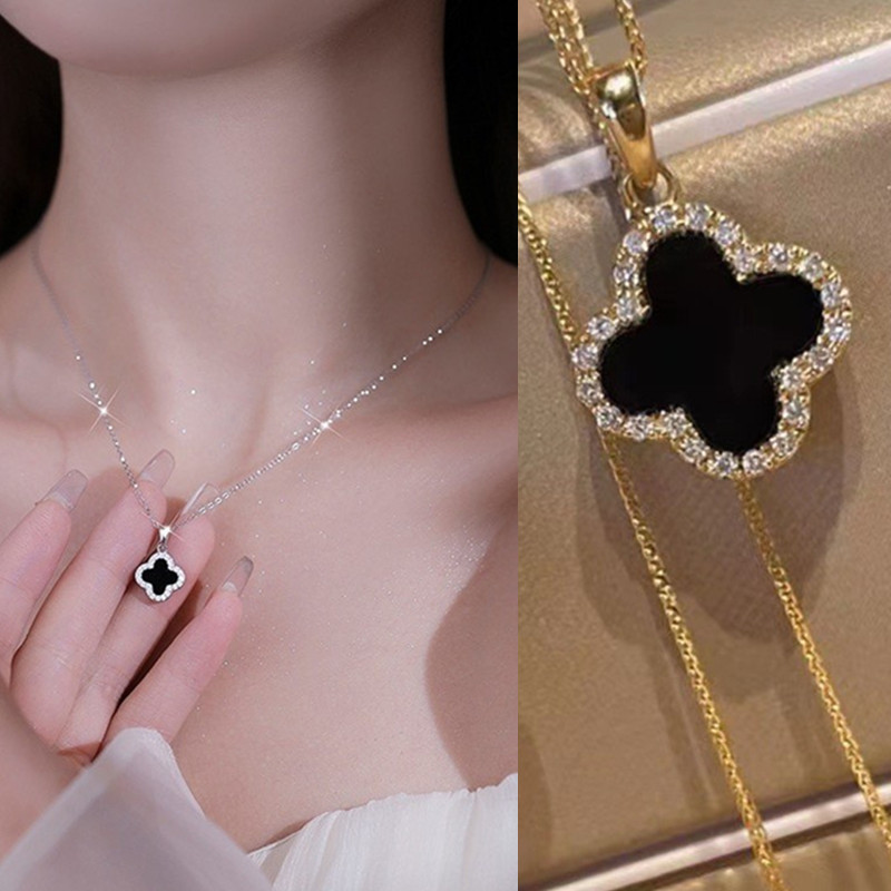 Lucky Four-leaf Clover สร้อยคอผู้หญิง 925 Silver Double Sided Diamonds ดอกไม้สร้อยคอ
