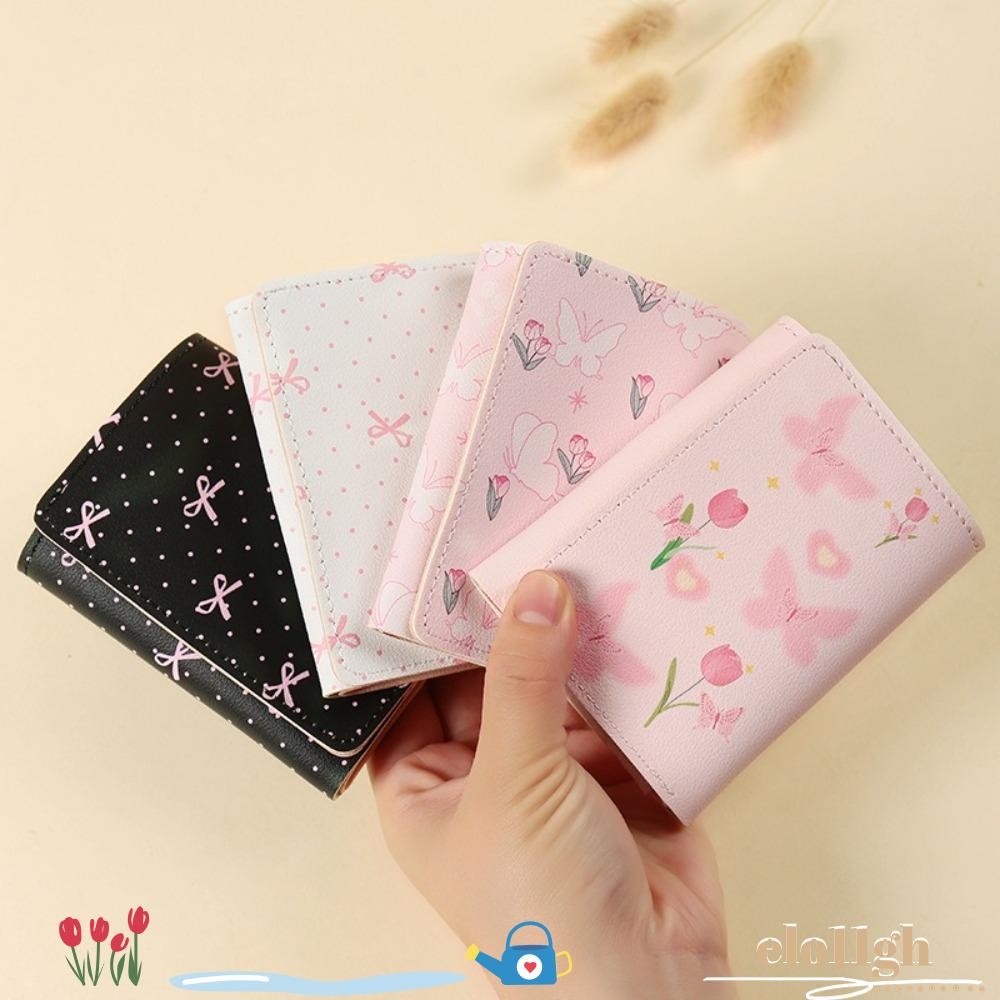 Elo11 กระเป๋าใส่เหรียญ,กระเป๋าสตางค์ผู้หญิงหนัง PU หลายการ์ด,แบบพกพาดอกไม้โบว์สีชมพูกระเป๋า Photocard กลางแจ้ง