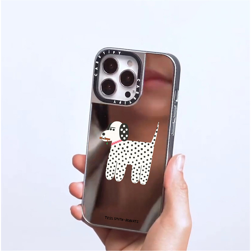 Casetify X Dalmatian แม่เหล็กดูด Black & Sliver กระจก IPhone กรณี IPhone 16 15 14 13 12 Pro Max Plus Hard กลับกรณีฝาครอบกล่องแกะสลักโลโก้