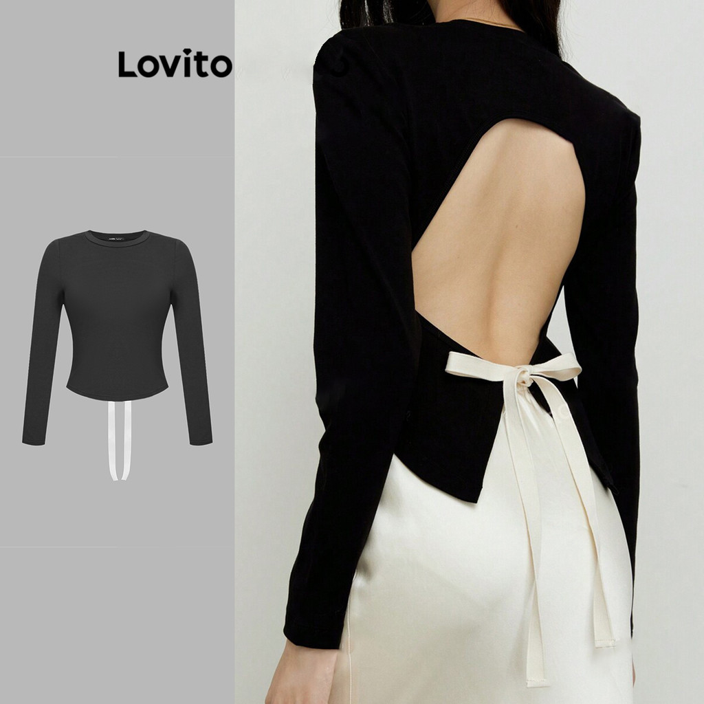 Lovito เสื้อยืดโบว์ธรรมดาสำหรับผู้หญิง 102AD468