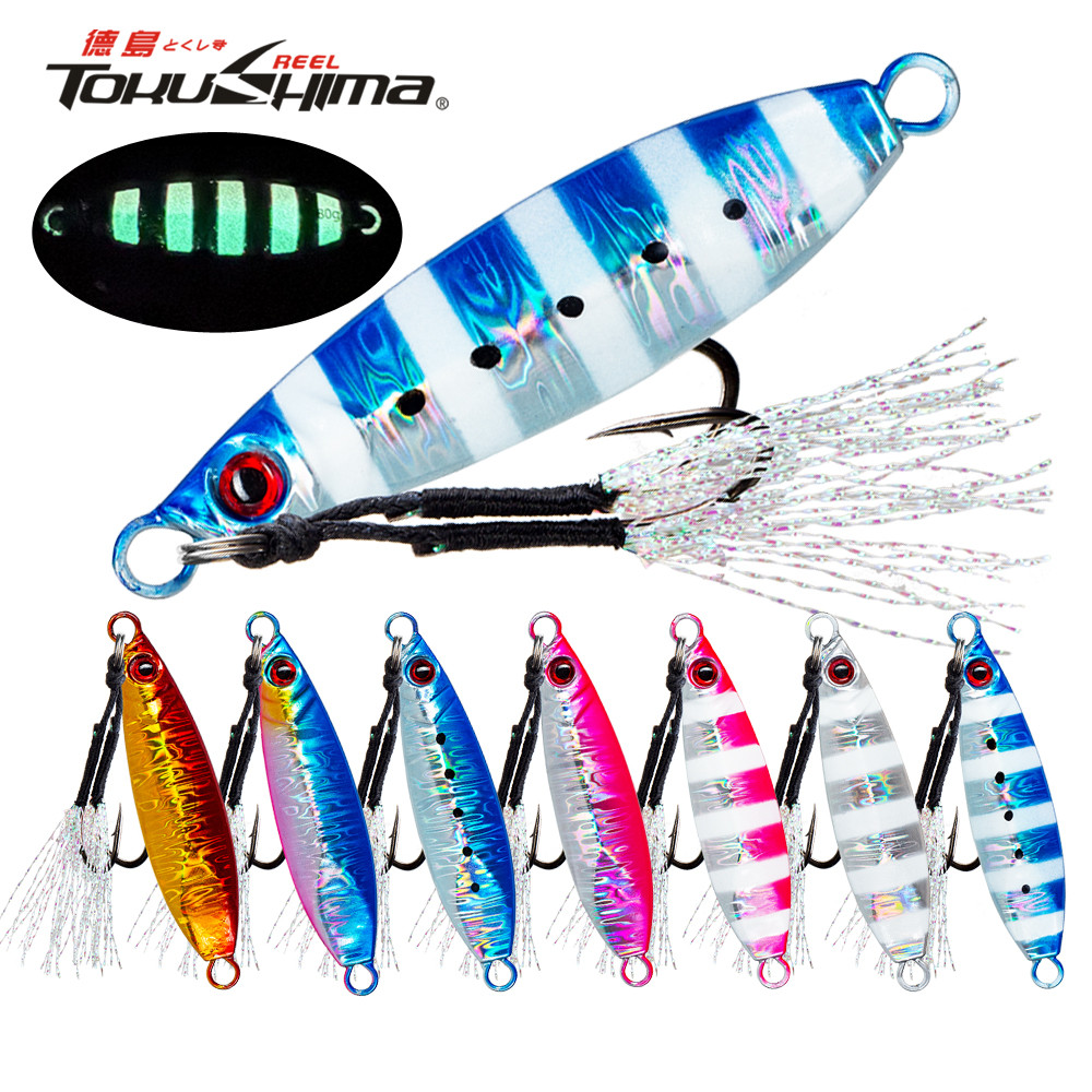 โลหะ Jig Fishing Lure 14-100g ช้า Sinking Jigging ตะกั่วหล่อเหยื่อเรืองแสงในที่มืดกับ Assist Hooks Jig Deep Sea Fishing Jigging ช้อนล่อสําหรับปลาทูน่าปลาแซลมอน Grouper Snapper Kingfi
