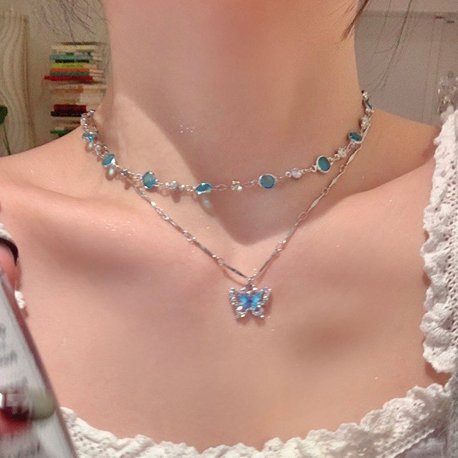 Jushi Double Layers สร้อยคอผีเสื้ออุปกรณ์เสริม Niche แฟชั่น Pop Girls ของขวัญอุปกรณ์เสริม
