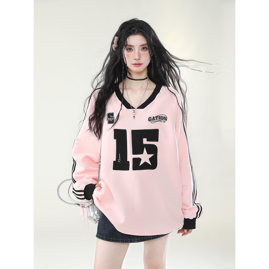 อเมริกันย้อนยุคกีฬาสไตล์คอวีย์เสื้อยืดขนาดใหญ่ผู้หญิงแขนยาวเสื้อยืดรอบคอฤดูใบไม้ร่วงและฤดูหนาวแขนยาวเสื้อสวมหัวด้านบน สตรีทแวร์