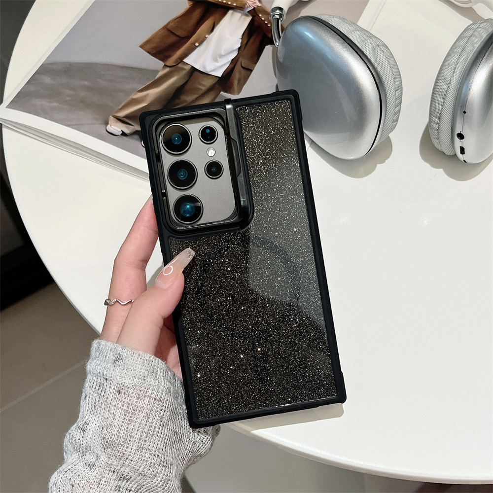 Luxury Glitter Biling เลนส์ขาตั้งเคสโทรศัพท์แม่เหล็กสําหรับ Samsung Galaxy S24 Ultra S23 Ultra Plus S23FE ปลอกกล้องแก้วคลุมทั้งหมดป้องกันฟิล์ม Matte Hard เคสกันกระแทก