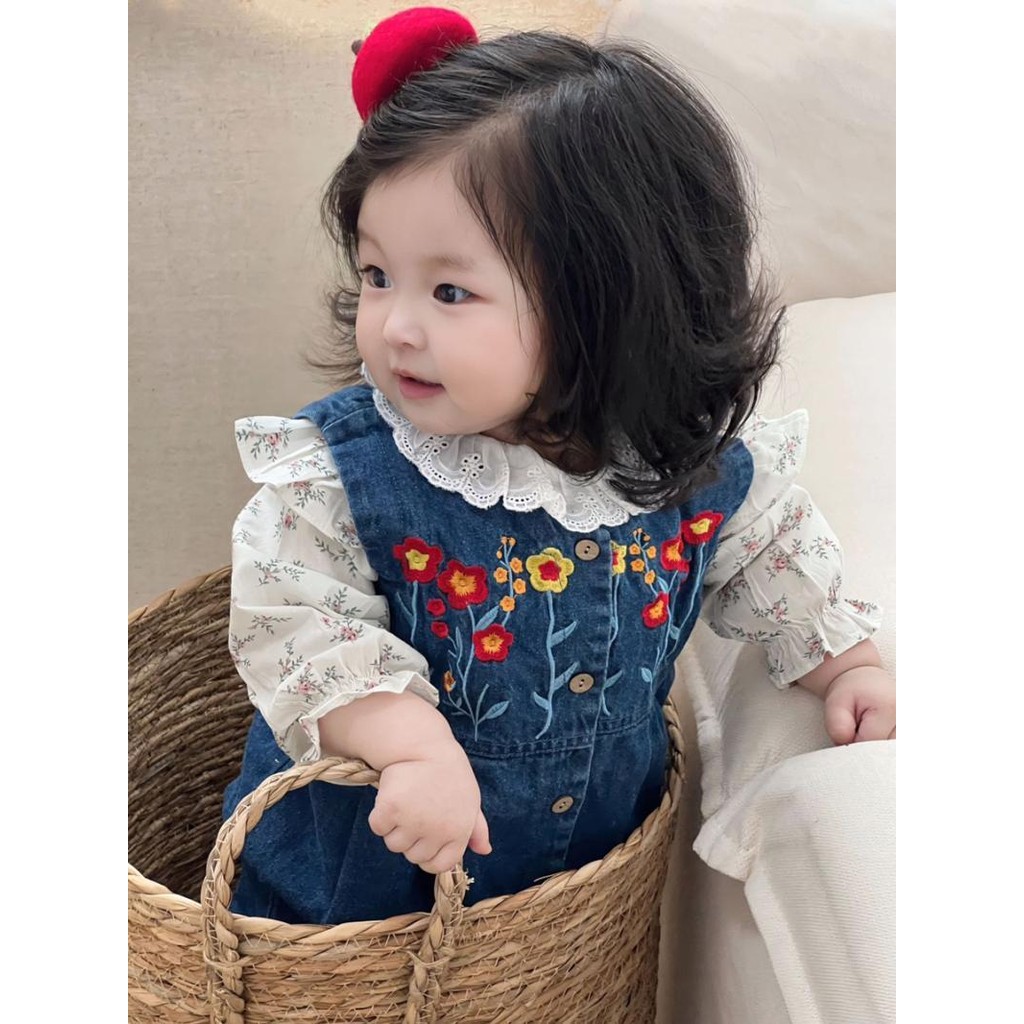 จั๊มสูทฤดูใบไม้ผลิเด็ก ฤดูใบไม้ผลิและฤดูใบไม้ร่วงเกาหลีเด็กสาวปักแขนกุดยีนส์ สายรัด เสื้อดอกไม้ชุดสองชิ้น