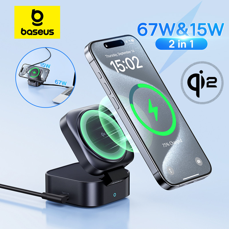 Baseus Qi2 15W Magnetic Wireless Charger 67W 2-in-1 โทรศัพท์แล็ปท็อป Fast Charging Dock Station สําหรับ Macbook iPhone 14 15 Samsung