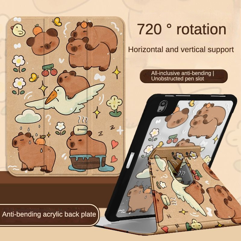360 ° เคส iPad หมุนได้พร้อมช่องเสียบปากกาจระเข้สีส้ม Capybara อะคริลิค Backboard Pro11 2024 Gen10 Gen9 Gen8 Gen7 10.2 นิ้ว Gen6 Gen5 Air6 Air5 Air4 Air3 Air2 ฝาครอบ iPad หมุนได้