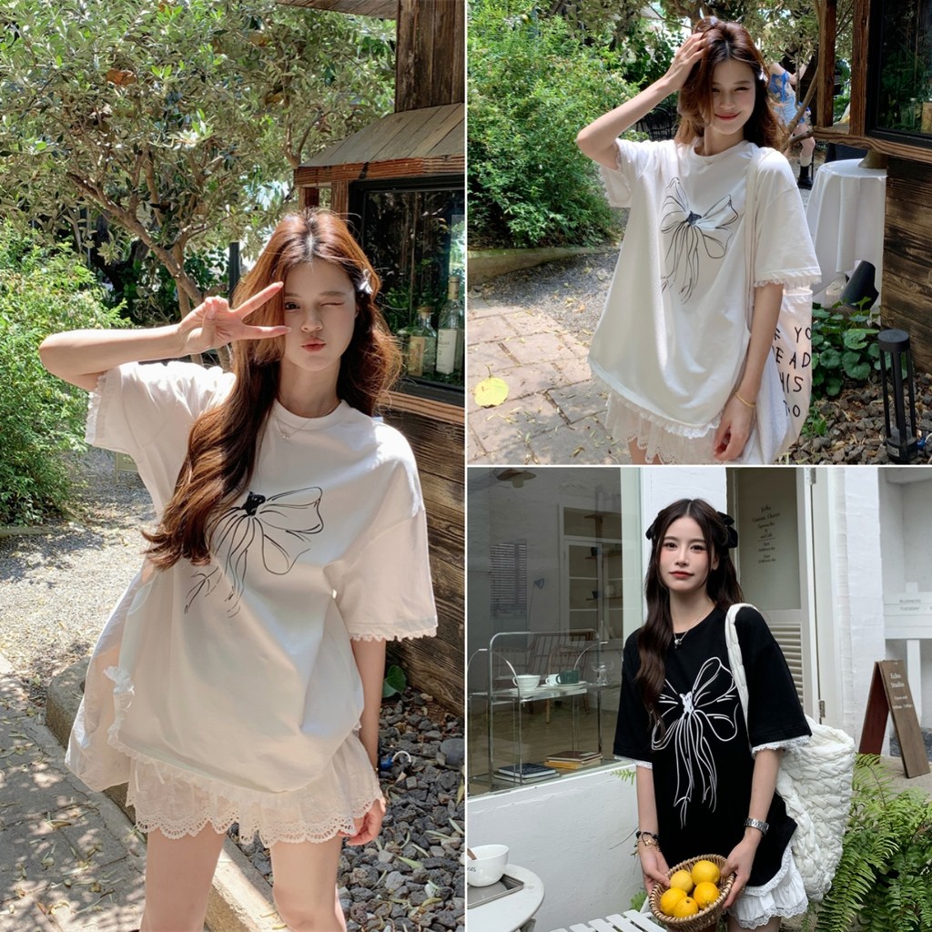 Betty house🌸พร้อมส่ง เสื้อยืดผู้หญิง เสื้อยืดสวยๆน่ารัก พิมพ์โบว์ ขอบลูกไม้ แขนสั้น สไตล์ลําลอง