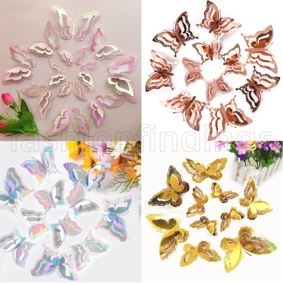 12/24/36 ชิ้น Gradient Hollow 3D ผีเสื้อทอง Butterflies สติ๊กเกอร์ติดผนังสําหรับงานแต่งงานตกแต่งวันเกิดห้องนั่งเล่นตกแต่งหน้าต่าง