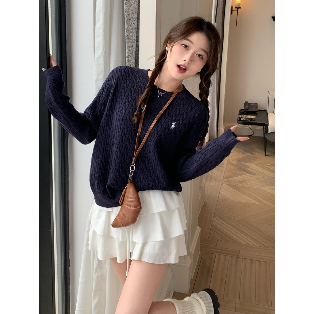 ฤดูใบไม้ร่วงใหม่9สีแขนยาว+แขนสั้นม้าโลโก้เสื้อกันหนาวสําหรับผู้หญิงเสื้อถักหลวม - รูปที่ 7