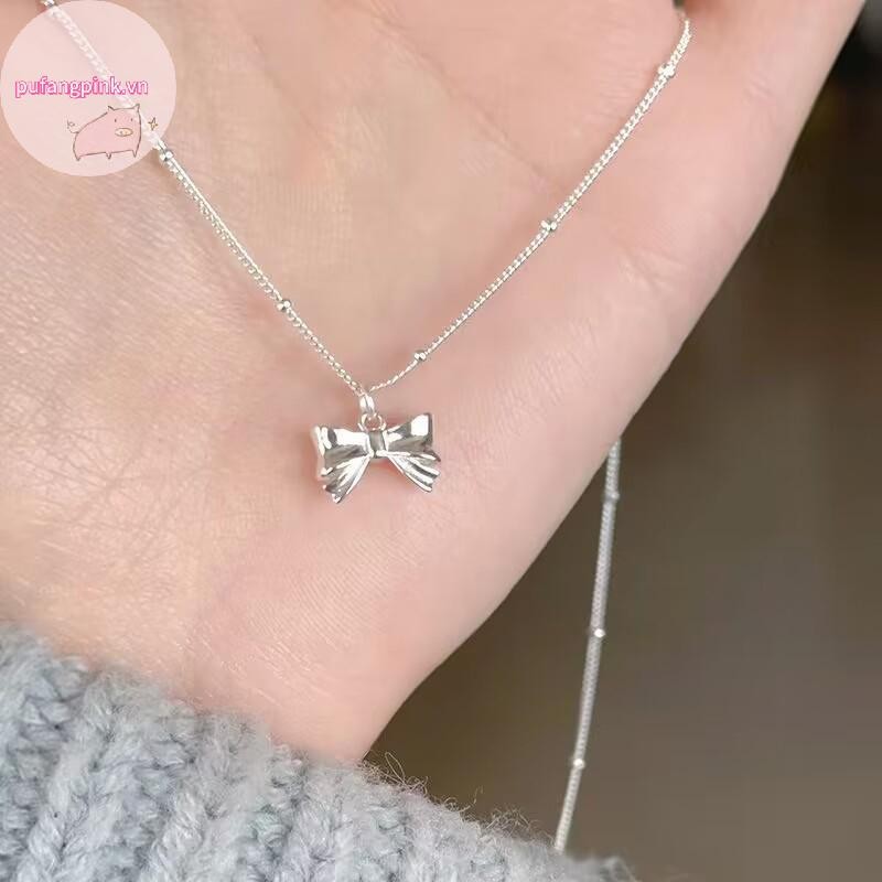 Pufangpink เงินสี Smooth Bow จี้สร้อยคอผู้หญิงคอ Minimalist คอโซ่วันเกิดเครื่องประดับ VN