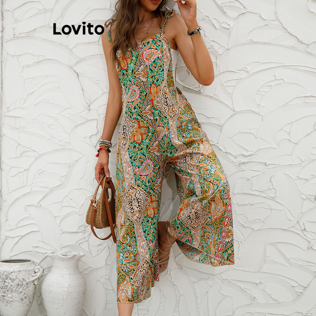 Lovito จั๊มสูทเย็บผ้าพิมพ์ลายชนเผ่า โบฮีเมียนสำหรับผู้หญิง LBL17623