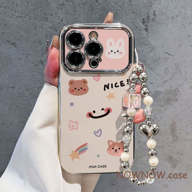 Iphone 16 15 14 13 12 11 Pro Max X XR Max 7 8 Plus INS การ์ตูนน่ารักกระต่ายหมีเคสโทรศัพท์ Electroplated หน้าต่างขนาดใหญ่พร้อมสร้อยข้อมือเงิน