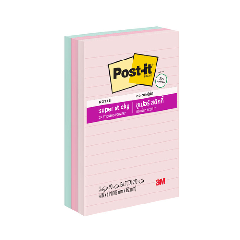 POST-IT กระดาษโน้ต รุ่น 660-3SSNRP คละสี ขนาด 4x6 นิ้ว (แพ็ค 3 เล่ม)