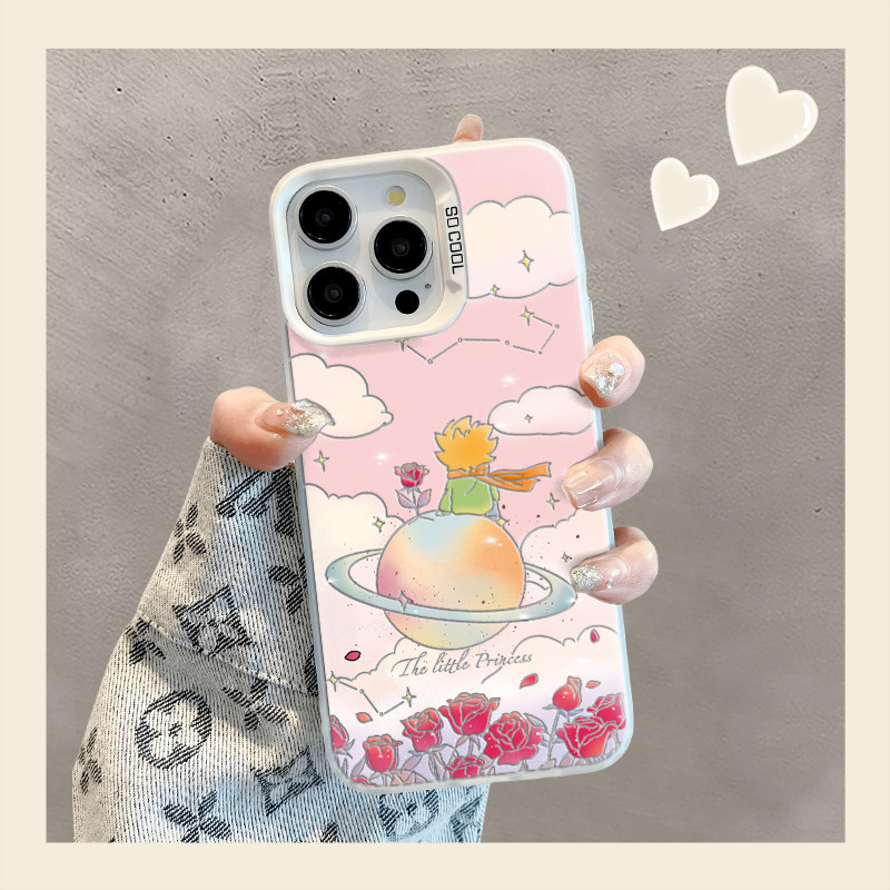 Rose Little Prince Casing สําหรับ iPhone 16 15 14 13 12 11 Pro Plus Max X XR Xs Max Border Print รวมทุกอย่าง Fullcover เคสกันกระแทก